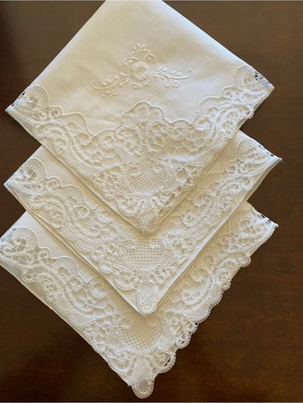 Vintage Heirloom hand Embroidered Lace-Edge White Linen Bridal Hanky